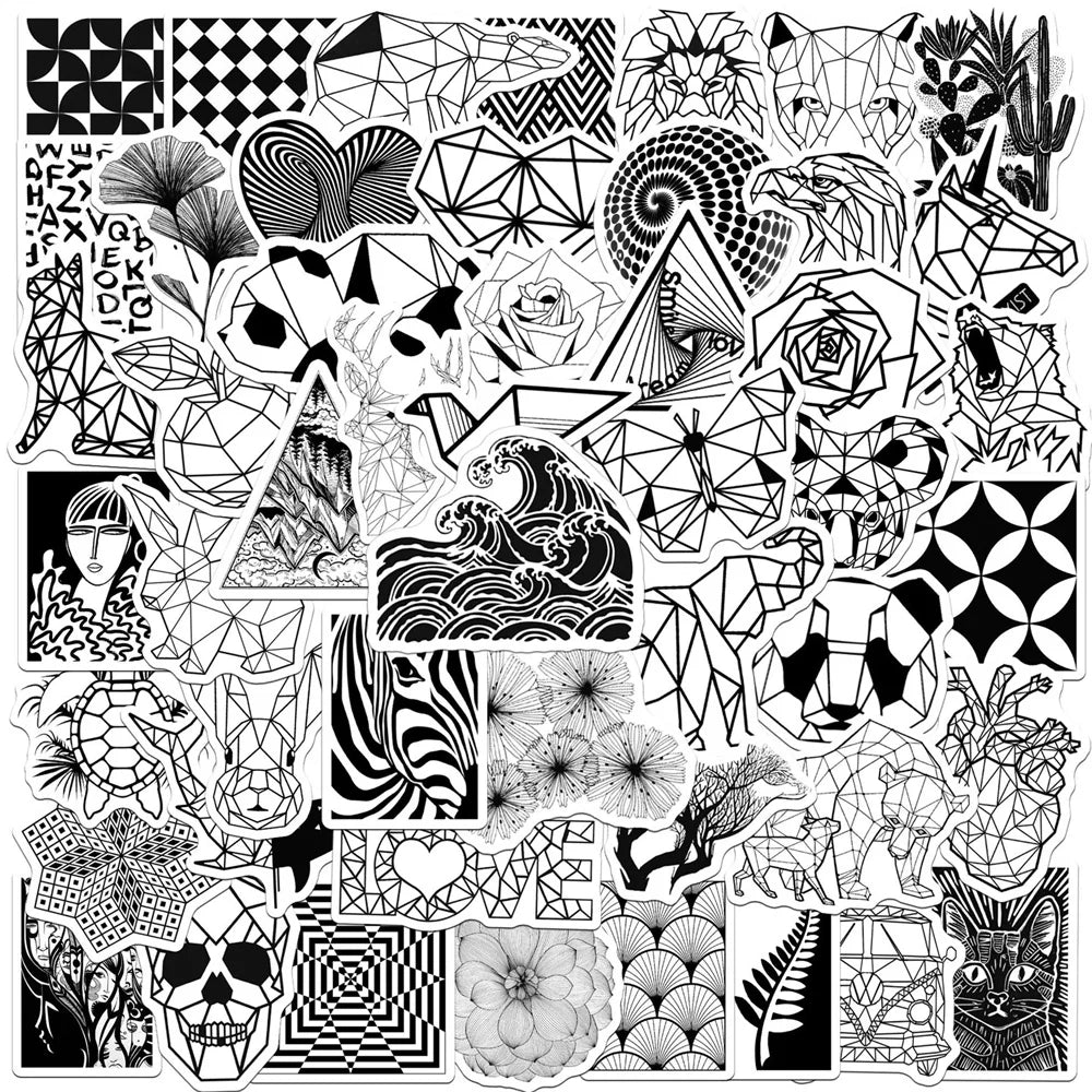 50PCS Black and White Fashion Geometric Animal Graffiti Waterproof Sticker Suitcase Notebook RefrigeratorWaterCup