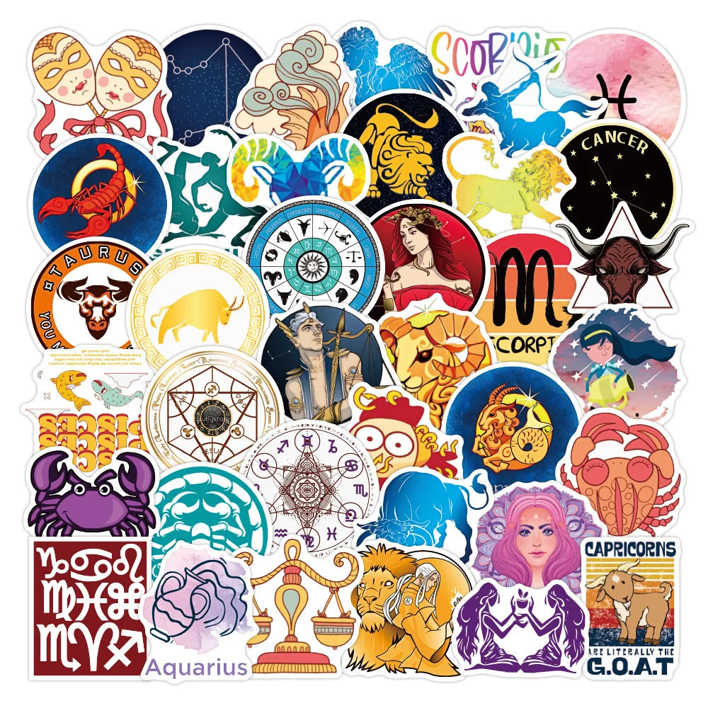 50PCS Art Illustration Popular Creative Cartoon Animation Twelve Constellations Decorative Style Graffiti Stickers Personality Fashion Creative DIY Exquisite Decorative Decals For Cups, Helmets, Skateboards Popular Stickers Toys