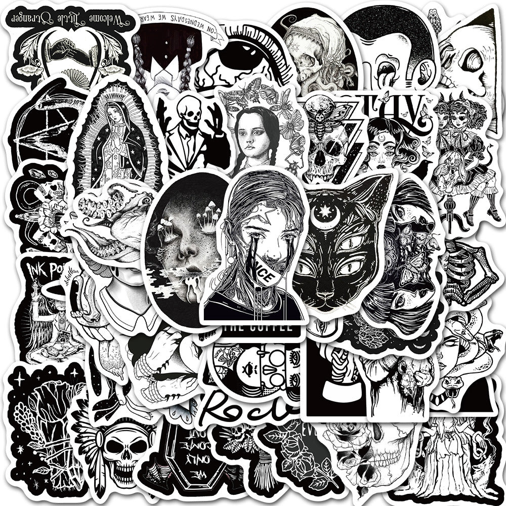 50PCS Gothic Punk Stickers, Black White Horror Doodle Decals for Laptops, Skateboards, and Alt Culture