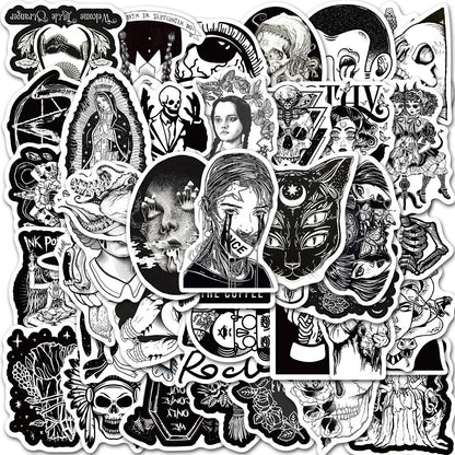 50PCS Gothic Punk Stickers, Black White Horror Doodle Decals for Laptops, Skateboards, and Alt Culture