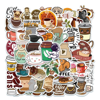 50PCS cartoon animation animal coffee art decorative style graffiti stickers, personalized fashion and creative trend DIY exquisite decorative decal cups, helmets, skateboard popular sticker toys