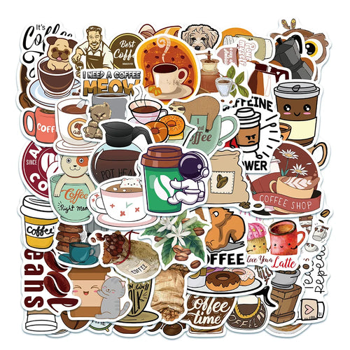 50PCS cartoon animation animal coffee art decorative style graffiti stickers, personalized fashion and creative trend DIY exquisite decorative decal cups, helmets, skateboard popular sticker toys