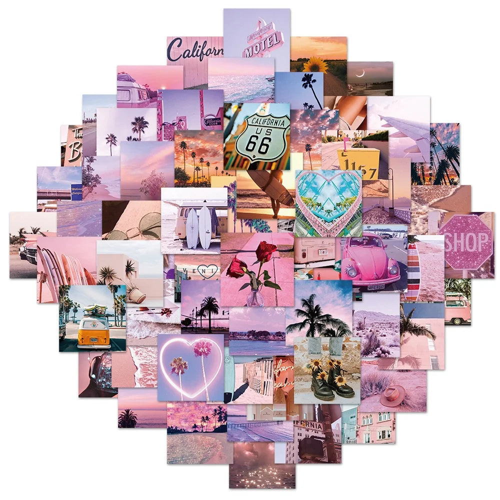 50PCS New California Sunshine Pink Series Healing Landscape Graffiti Decoration Luggage Guitar Waterproof Sticker