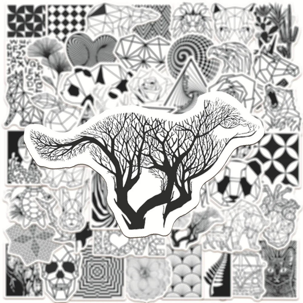 50PCS Black and White Fashion Geometric Animal Graffiti Waterproof Sticker Suitcase Notebook RefrigeratorWaterCup
