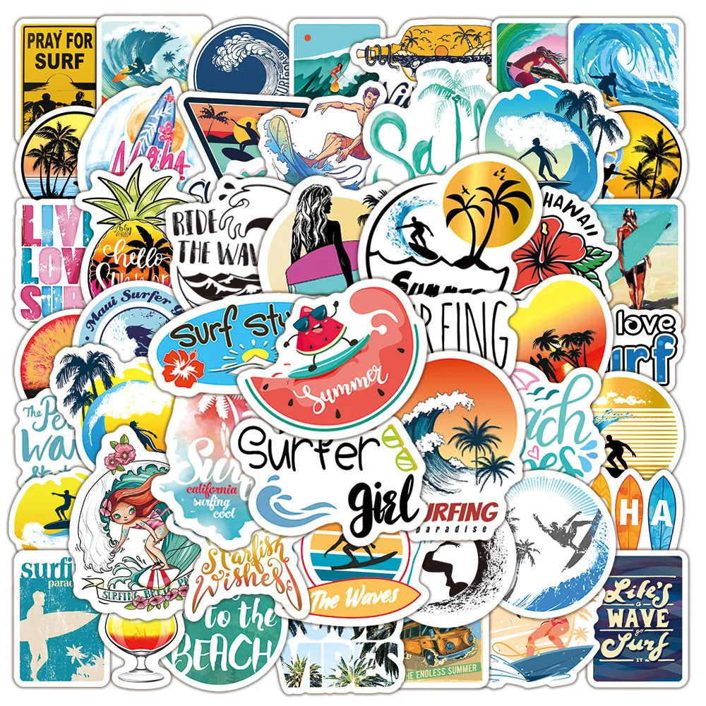 50PCS Summer Beach Surfing Graffiti Sticker Luggage Trolley Car Skateboard Fresh Adventure Sticker