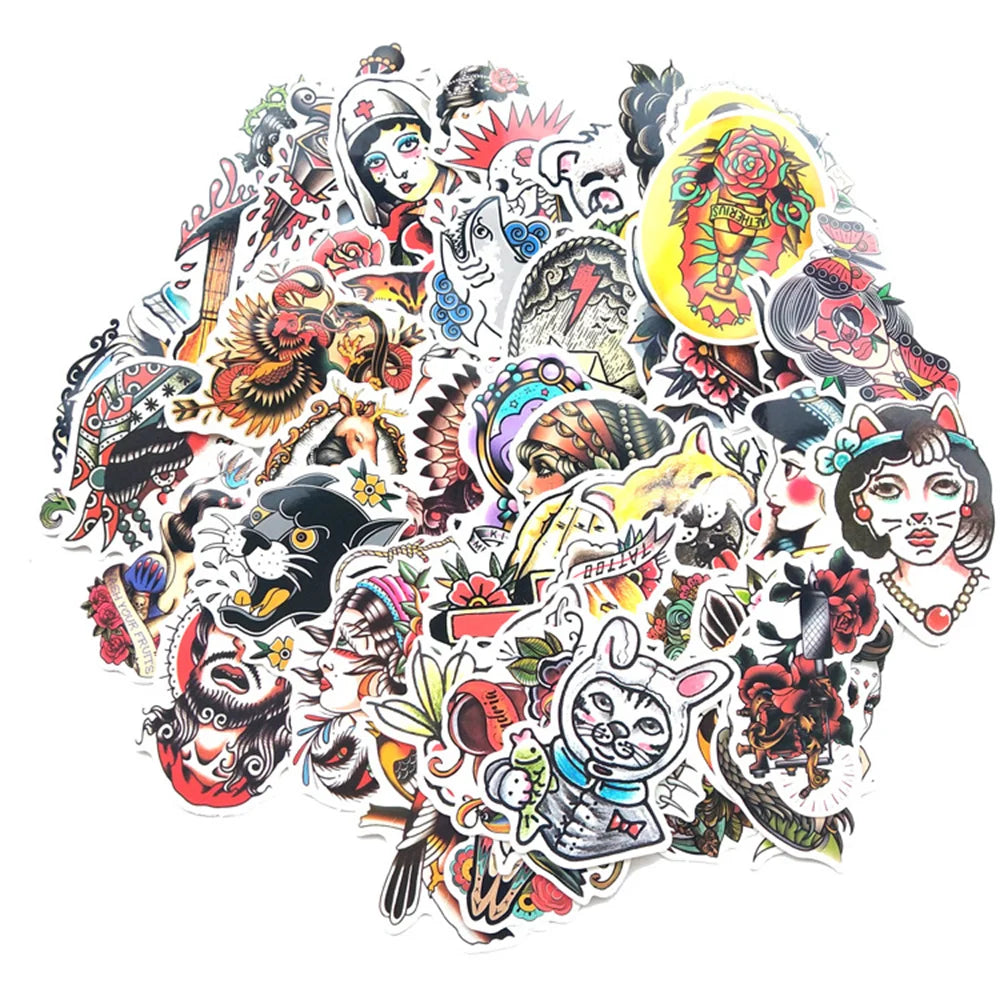 50PCS Retro Tattoo Style Graffiti Suitcase Waterproof Stickers Color Craft Guitar Computer Car Stickers