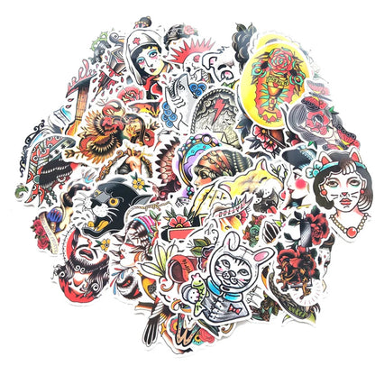 50PCS Retro Tattoo Style Graffiti Suitcase Waterproof Stickers Color Craft Guitar Computer Car Stickers