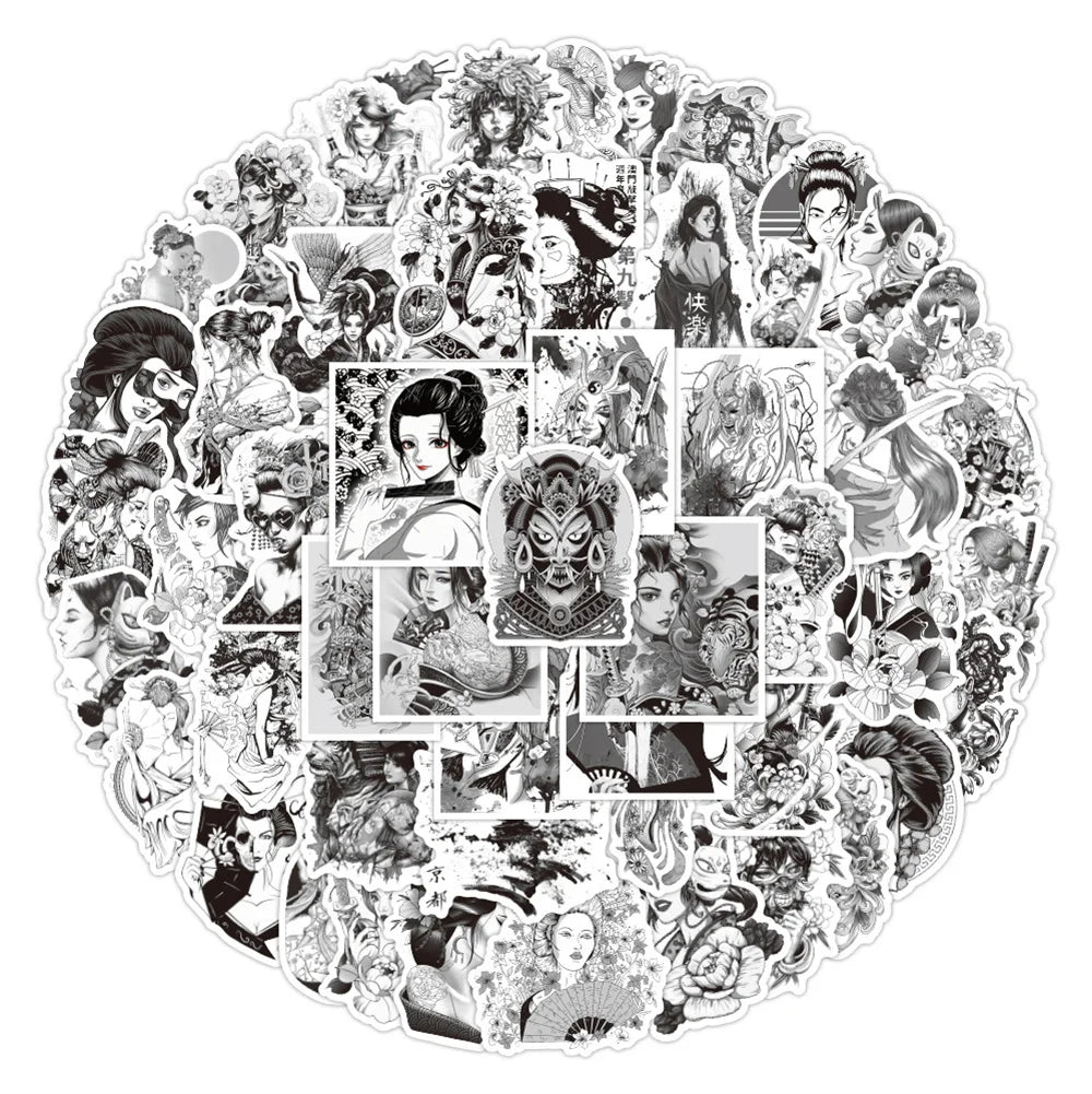 50PCS Black and White Japanese Geisha Personality Graffiti Stickers Luggage Battery Car Mobile Phone Stickers