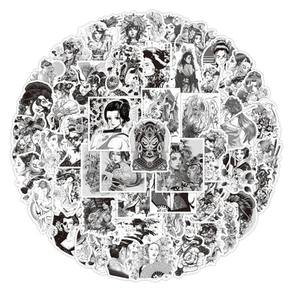 50PCS Black and White Japanese Geisha Personality Graffiti Stickers Luggage Battery Car Mobile Phone Stickers