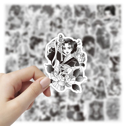 50PCS Black and White Japanese Geisha Personality Graffiti Stickers Luggage Battery Car Mobile Phone Stickers