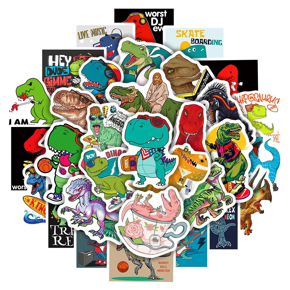 50PCS Like Sports and Rock Little Dinosaur Stickers Book Laptop Guitar Motorcycle Luggage DIY Label Decorative