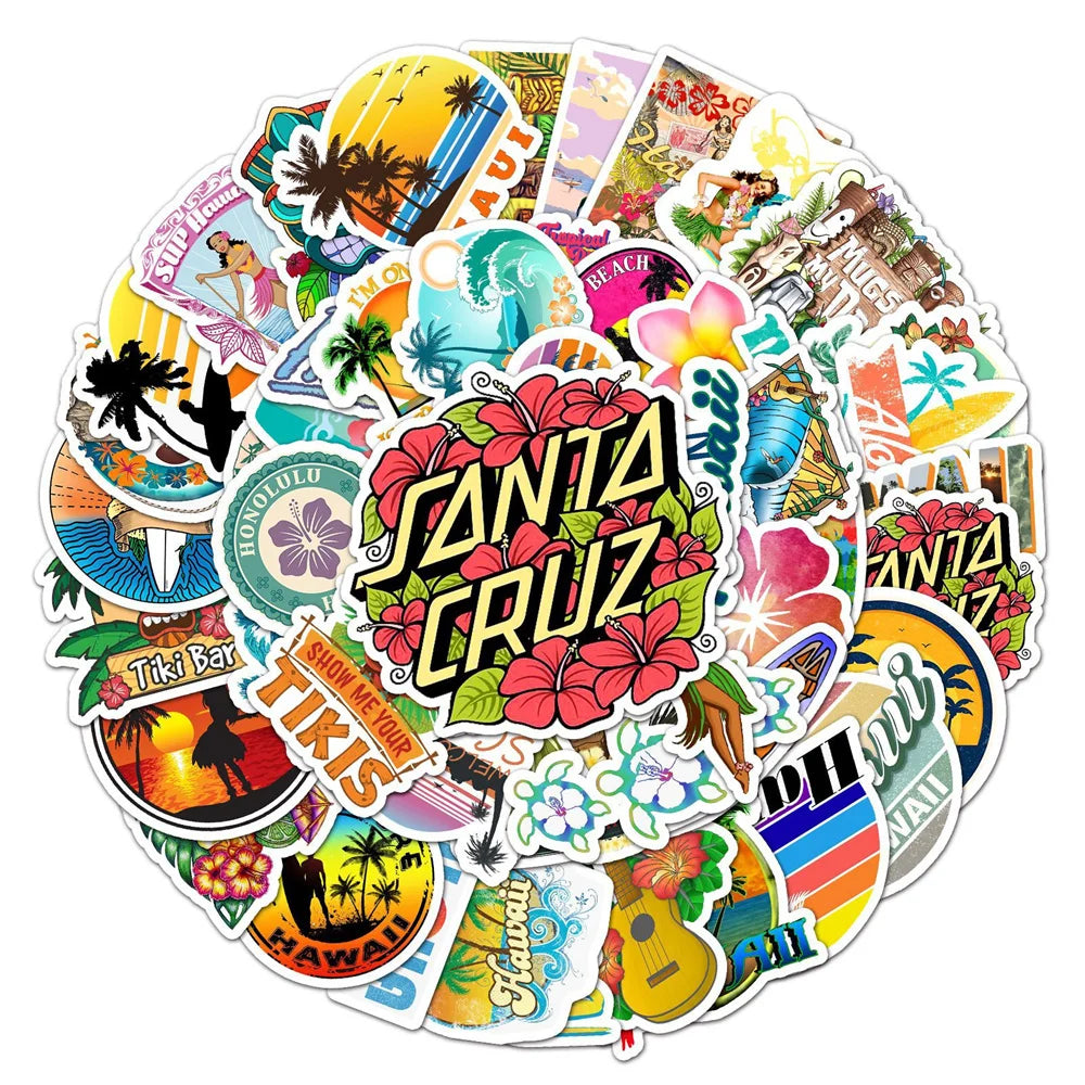 50PCS New Cartoon Hawaiian Beach Landscape Ins Wind Personality Graffiti Decoration Suitcase Guitar Waterproof Sticker