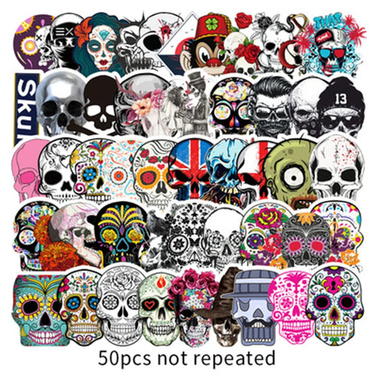 50pcs New Halloween Skull Cartoon Stickers Scary Face Graffiti Decoration Suitcase Guitar Waterproof Stickers