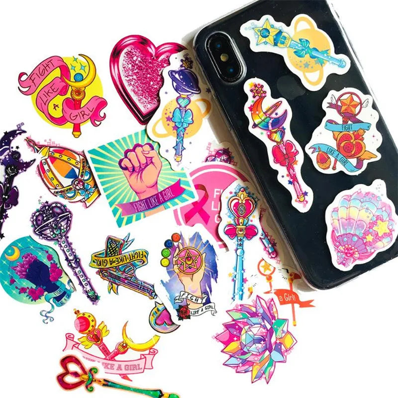 50PCS Classic Cute Girl Pink Magic Wand Graffiti Stationery Skateboard Notebook Waterproof Cartoon Stickers