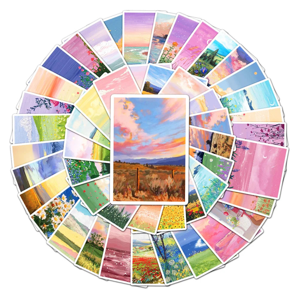 50PCS Cartoon Landscape Oil Painting Aesthetics Creative Graffiti Scrapbook Guitar Phone Case Gift Toy Sticker