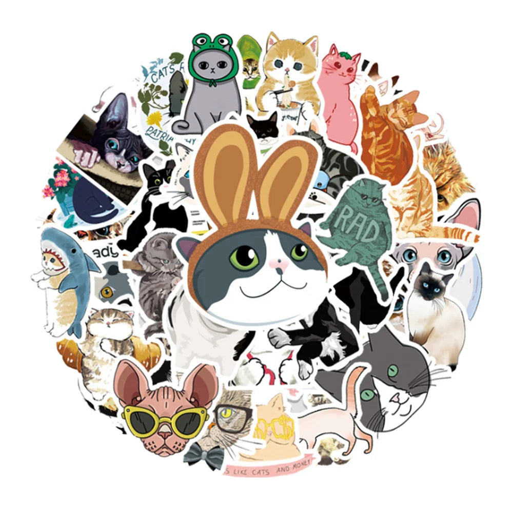 50 pieces of cute cartoon kitten graffiti stickers, suitable for hand account decoration, luggage, computer, skateboard, graffiti, waterproof sticker toys