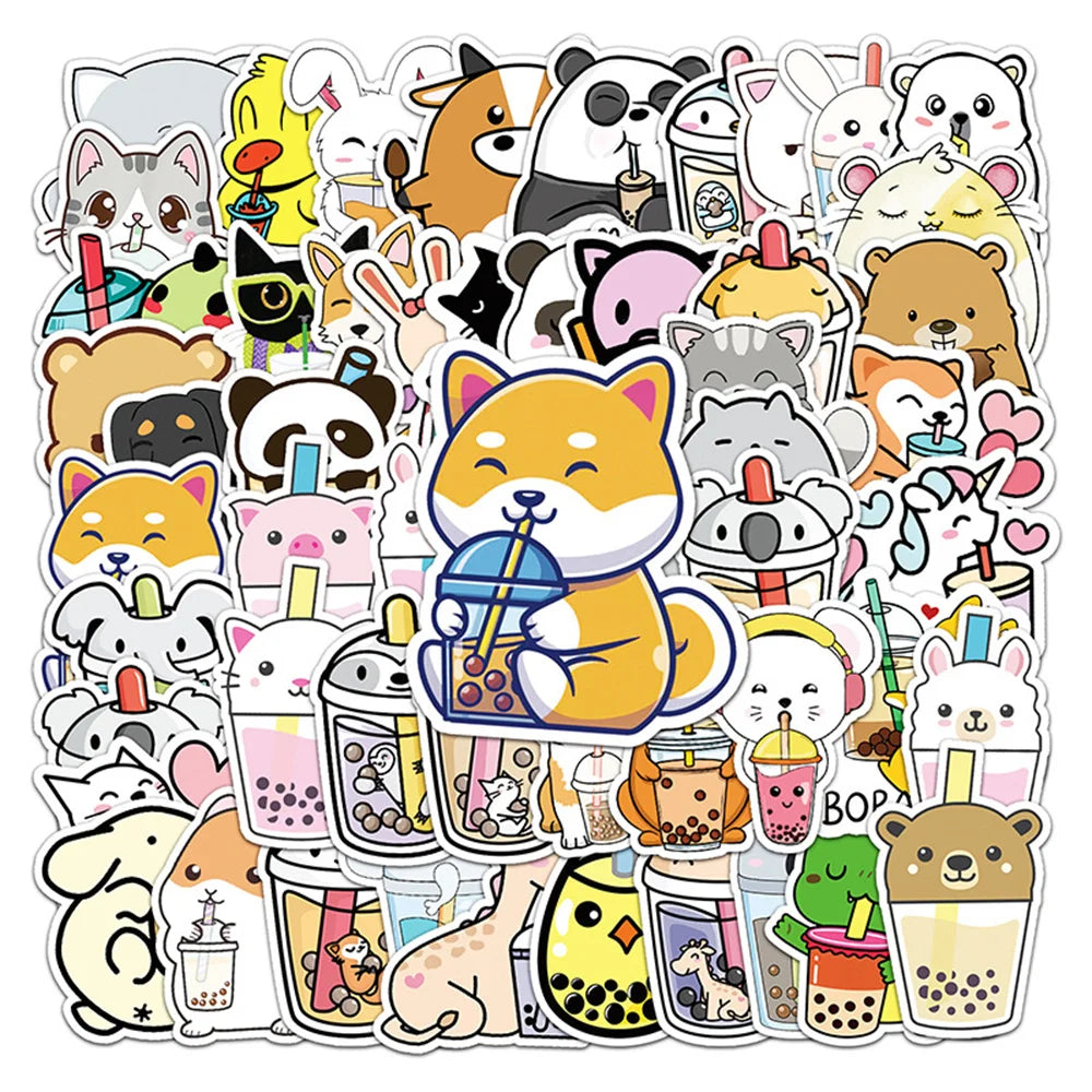 50PCS Cute Cartoon Animal Milk Tea Personalized Decorative Sticker Scooter Motorcycle Luggage Car Sticker