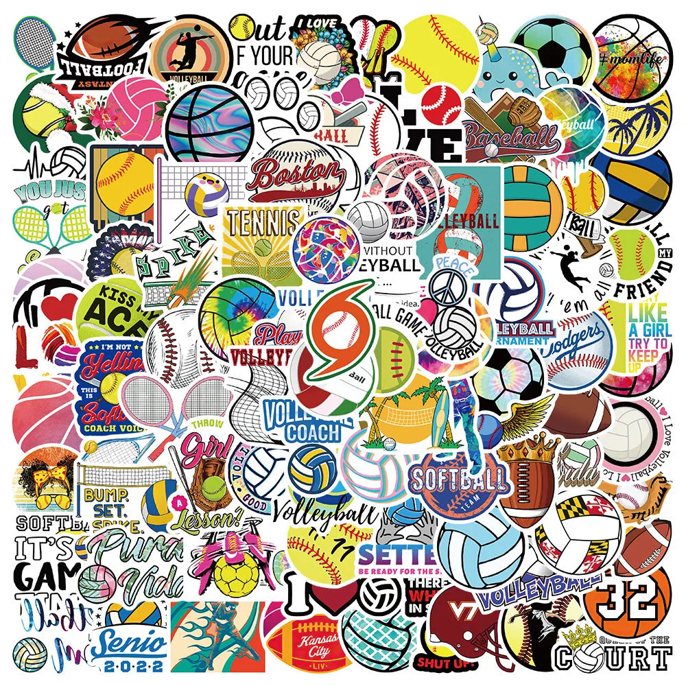 100PCS Cartoon Ball Series Rugby Doodle Stickers Personalized Creative Trend Decorative Stickers Helmet Laptop Guitar Skateboard Bike Toy Gift Decals