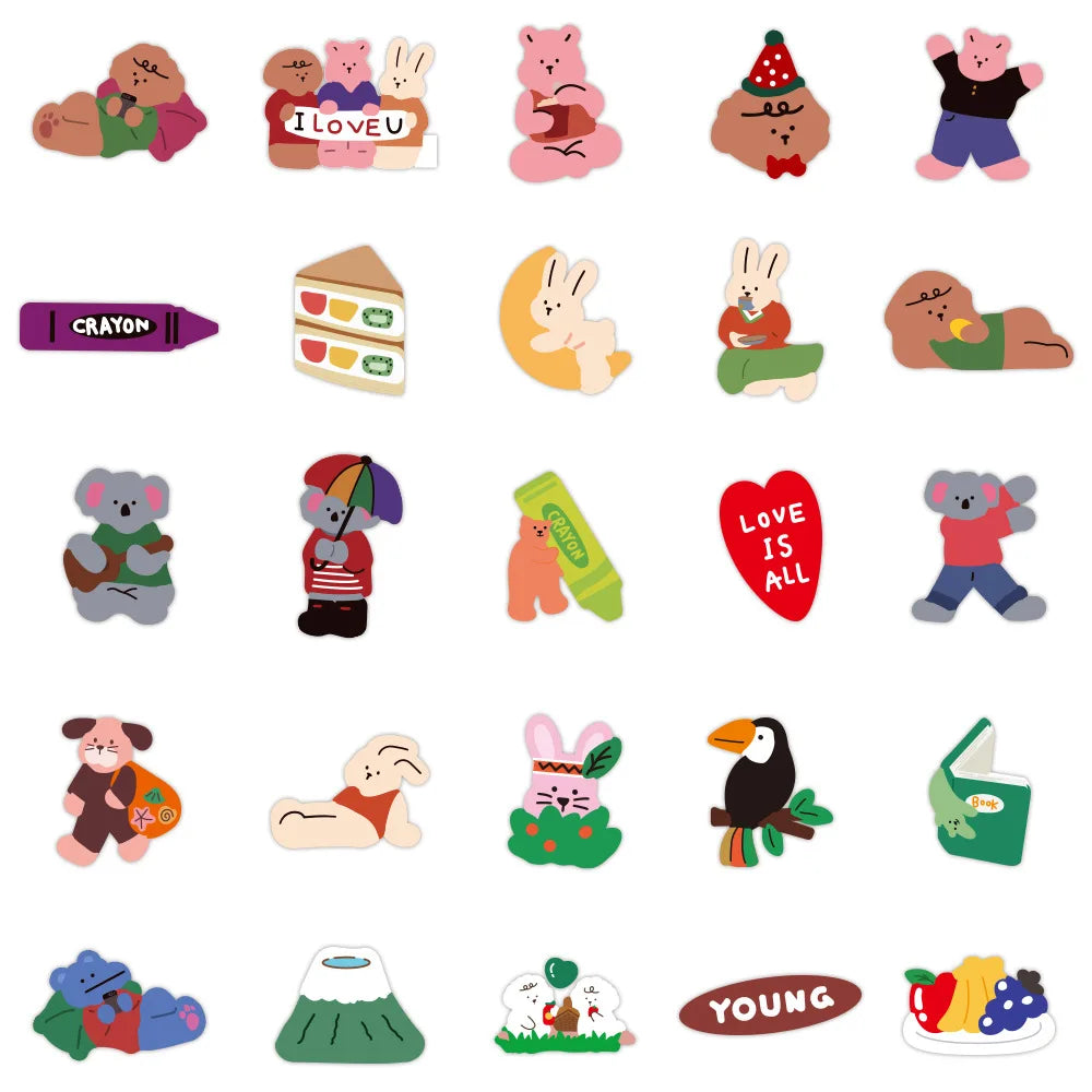 50 pieces of Ins cute cartoon bear graffiti stickers, suitable for DIY mobile phones, laptops, suitcases, car decorations and waterproof stickers