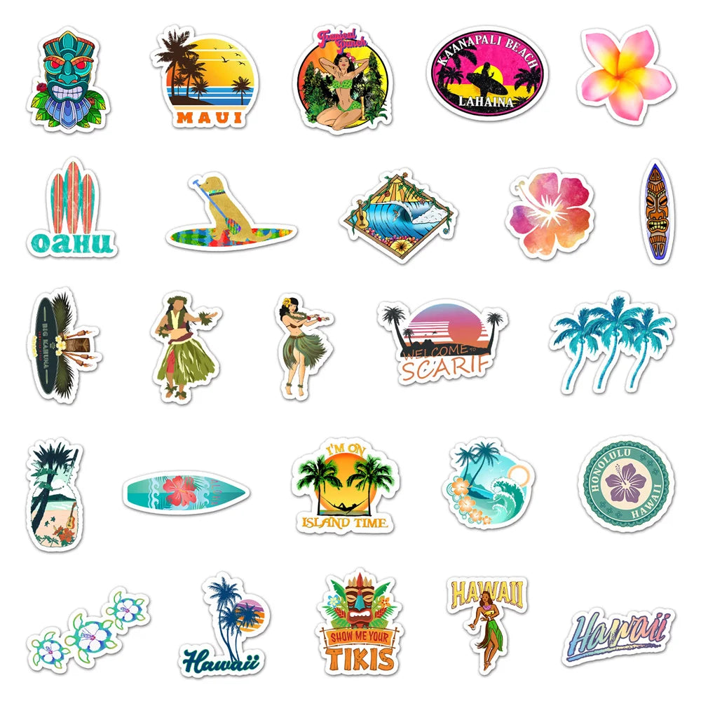 50PCS New Cartoon Hawaiian Beach Landscape Ins Wind Personality Graffiti Decoration Suitcase Guitar Waterproof Sticker