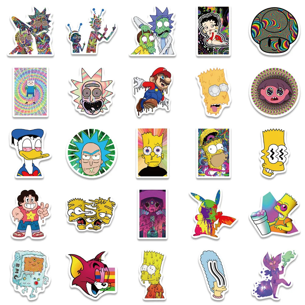 50PCS Psychedelic Aesthetics Mixed Cartoon Characters Graffiti Waterproof Sticker Suitcase Notebook Mobile Phone