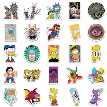 50PCS Psychedelic Aesthetics Mixed Cartoon Characters Graffiti Waterproof Sticker Suitcase Notebook Mobile Phone