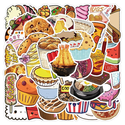 50PCS Food Gourmet Cartoon Sticker PVC Graffiti Luggage Box Water Cup Helmet Decoration Sticker