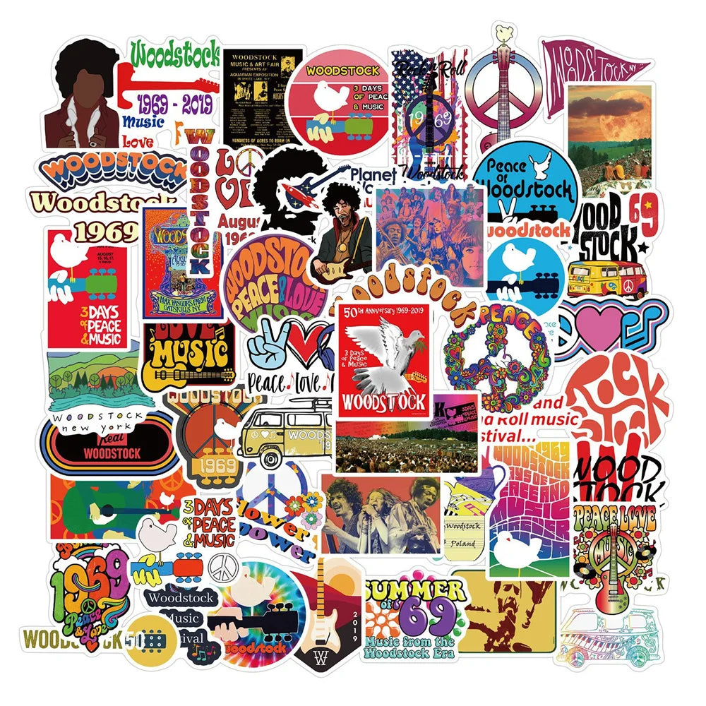 50PCS Woodstock Music Festival Graffiti Sticker Waterproof Helmet Guitar Motorcycle Body Sticker