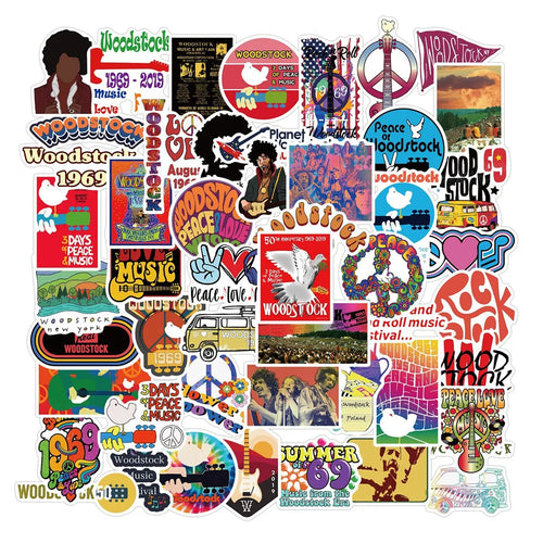 50PCS Woodstock Music Festival Graffiti Sticker Waterproof Helmet Guitar Motorcycle Body Sticker