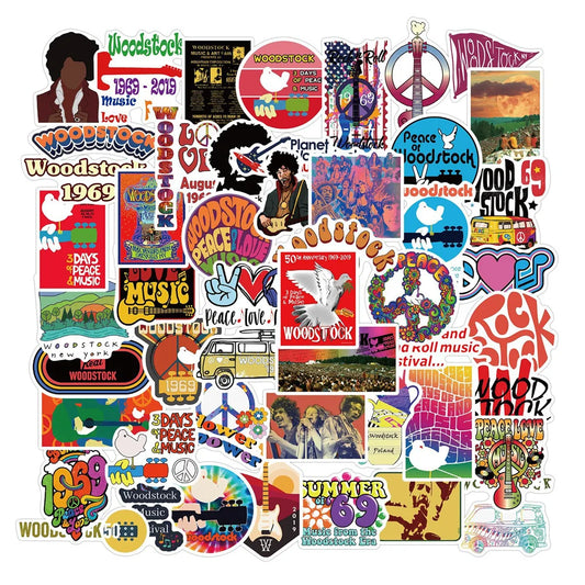 50PCS Woodstock Music Festival Graffiti Sticker Waterproof Helmet Guitar Motorcycle Body Sticker