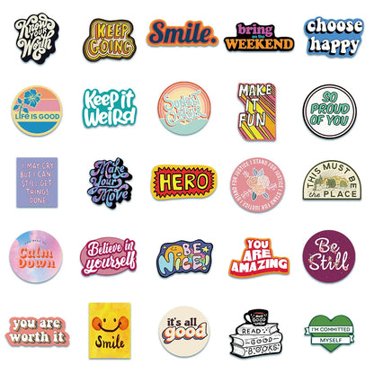 50PCS Cartoon Inspirational English Phrase Sticker Suitcase Notebook Handbook Sticker Cartoon Decorative Toy
