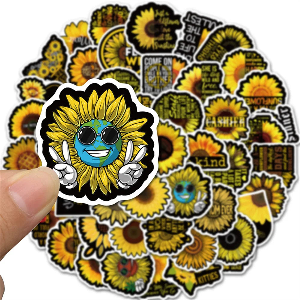 50PCS cartoon black sunflower decorative style graffiti stickers, personalized, fashionable and creative trend DIY exquisite decorative decal cups, helmets, skateboards, popular sticker toys