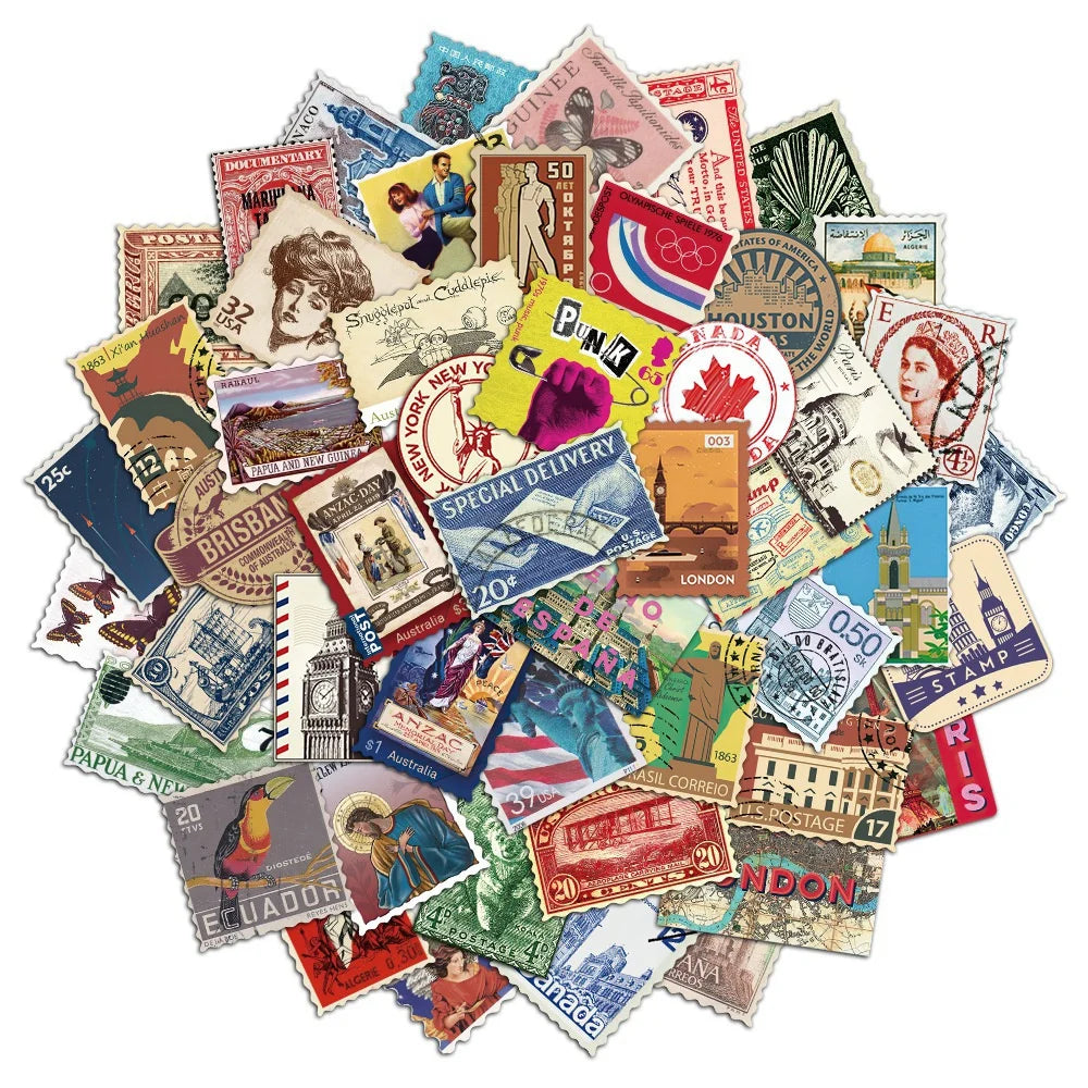 50PCS Retro Travel Stamp Sticker Pack, Nostalgic Postmark Series, Pocket Diary DIY Material Decorative Stickers