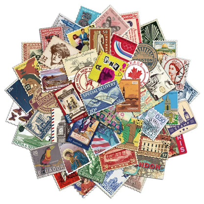 50PCS Retro Travel Stamp Sticker Pack, Nostalgic Postmark Series, Pocket Diary DIY Material Decorative Stickers