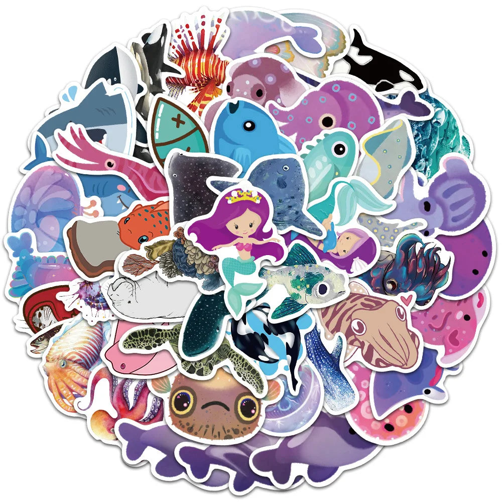 50PCS Art Illustration Popular Creative Cartoon Cute Sea Creatures Series Decorative Style Graffiti Stickers Personalised Fashion Creative DIY Exquisite Decorative Decals Suitable For Cups, Helmets, Skateboards Popular Stickers Toys
