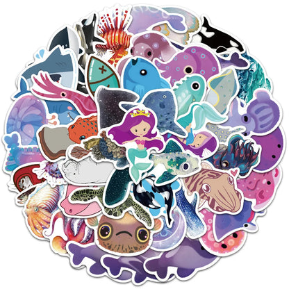 50PCS Art Illustration Popular Creative Cartoon Cute Sea Creatures Series Decorative Style Graffiti Stickers Personalised Fashion Creative DIY Exquisite Decorative Decals Suitable For Cups, Helmets, Skateboards Popular Stickers Toys