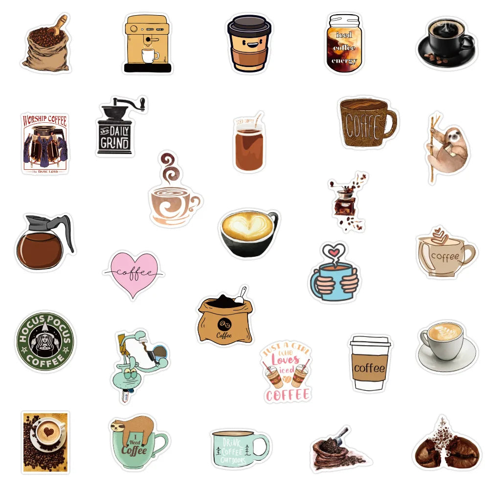 50PCS Coffee Cup Fun Graffiti Stickers Luggage Skateboard Classic Toys Laptop Kids Cartoon Stickers