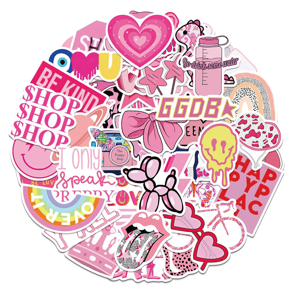 50PCS Preppy Pink Cartoon Fresh Graffiti Stickers Laptop Guitar Skateboard Decoration Waterproof Stickers