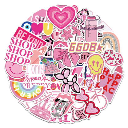 50PCS Preppy Pink Cartoon Fresh Graffiti Stickers Laptop Guitar Skateboard Decoration Waterproof Stickers