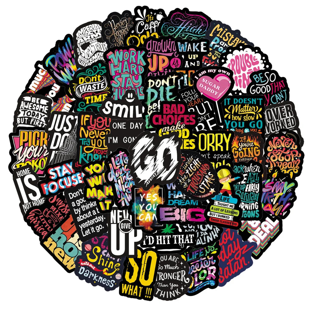 50PCS Black Background Inspirational Text Series Graffiti Stickers Personalized Fashion Creative Trend DIY Exquisite Decorative Decals for Cups Helmets Skateboards Popular Stickers Toys