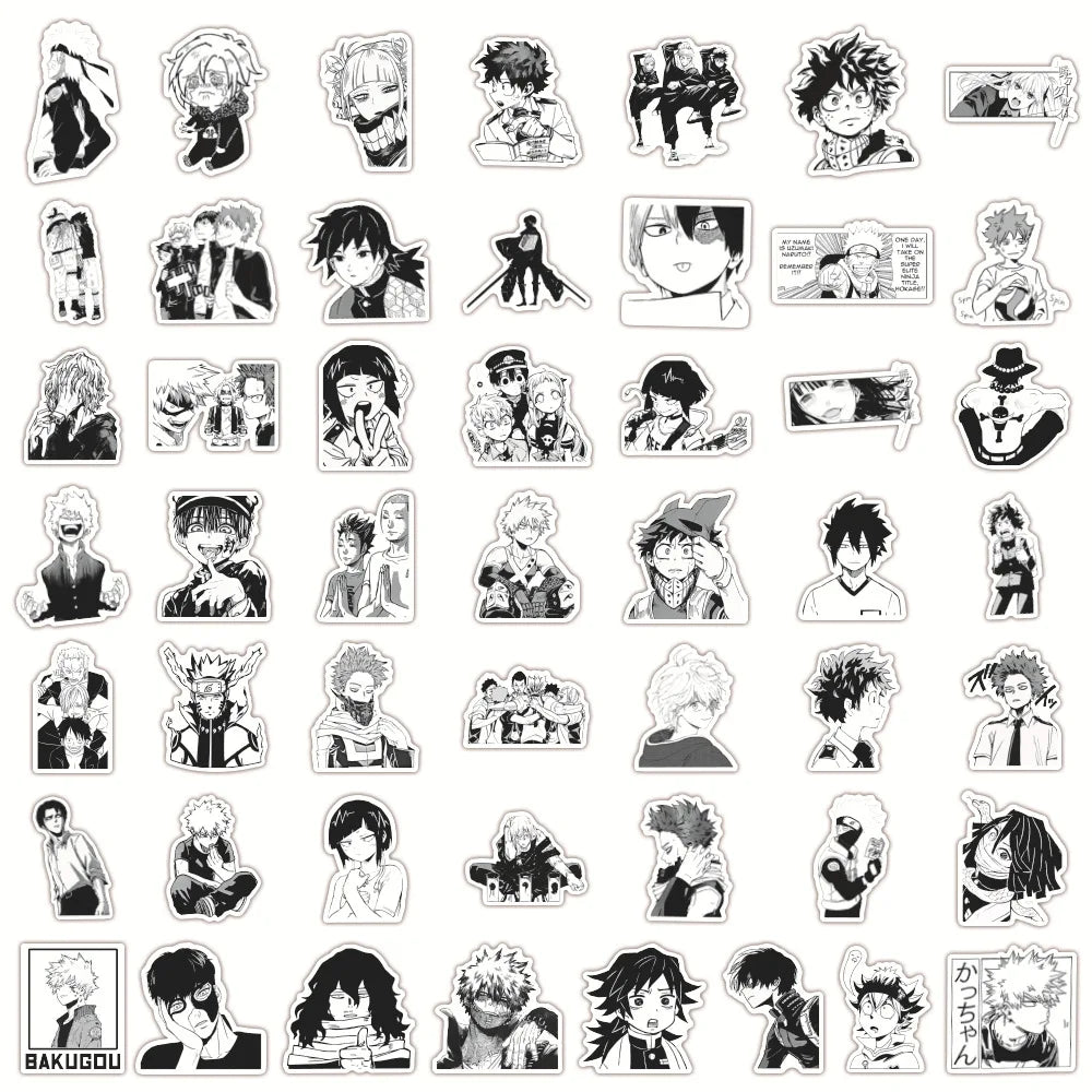 50PCS Cartoon Black and White Mixed Anime Graffiti/my Hero Academy/sticker Luggage Guitar Toy Sticker