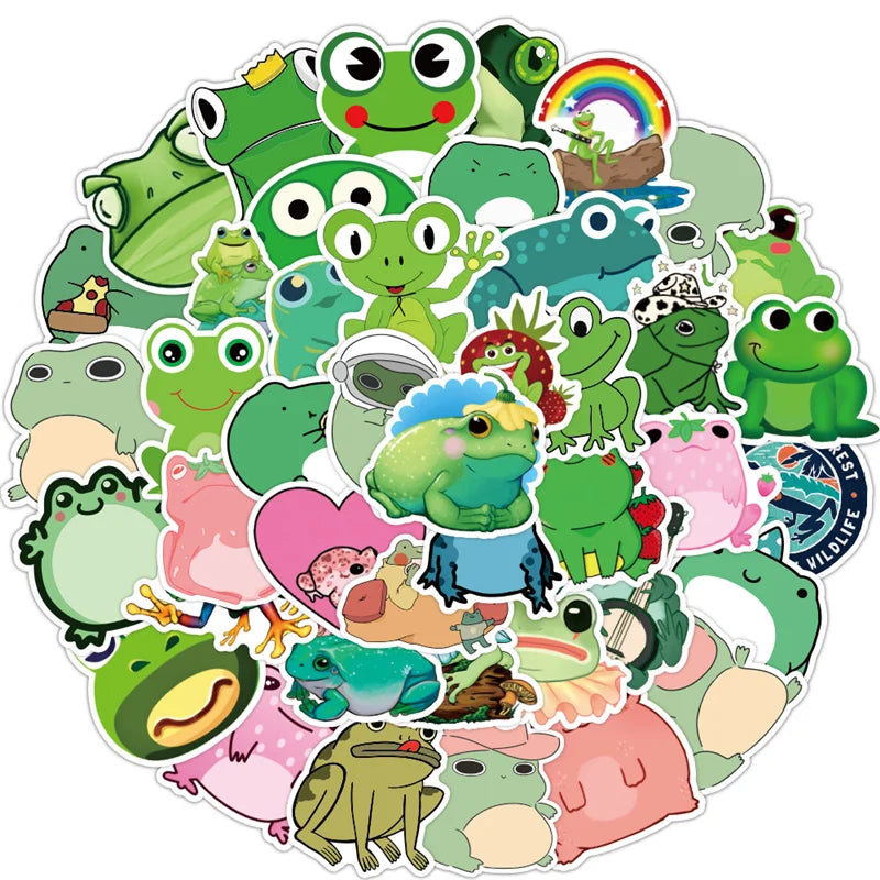 50PCS  Green Series Frog Cartoon Graffiti Toy Car Helmet Refrigerator Motorcycle Phone Trunk Guitar Sticker Decoration Gif