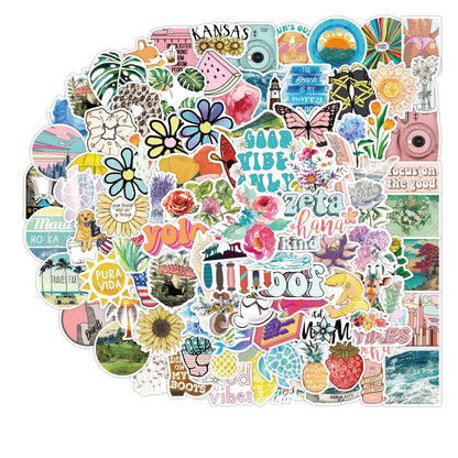 100 pieces of simple, fashionable and fresh summer beach graffiti stickers, personalized and creative stickers, luggage, car, mobile phone, computer and refrigerator decoration stickers, toys