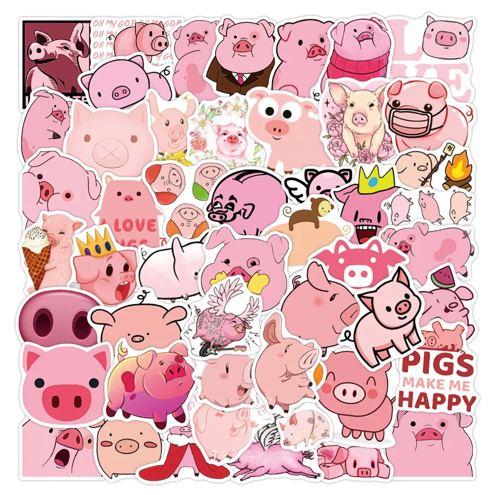 50 pieces of pink cute cartoon piglet decorative style graffiti stickers, personalized, fashionable and creative DIY exquisite decorative decal cups, helmets, skateboard popular sticker toys