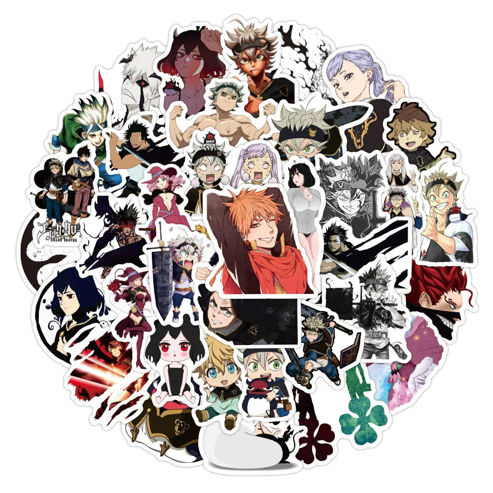 50PCS cartoon and anime black cloverleaf graffiti stickers, personalized DIY notebook suitcase sticker graffiti decoration waterproof decorative sticker toys