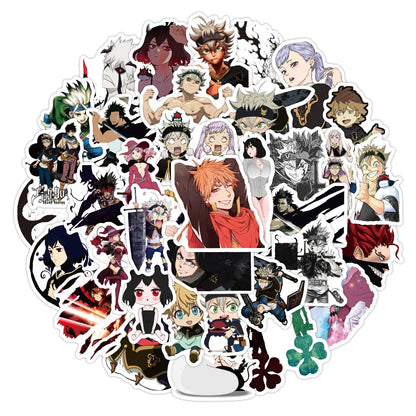 50PCS cartoon and anime black cloverleaf graffiti stickers, personalized DIY notebook suitcase sticker graffiti decoration waterproof decorative sticker toys