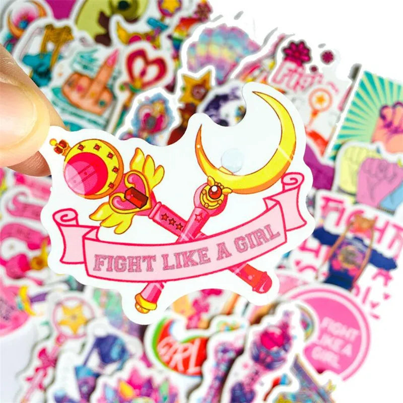 50PCS Classic Cute Girl Pink Magic Wand Graffiti Stationery Skateboard Notebook Waterproof Cartoon Stickers