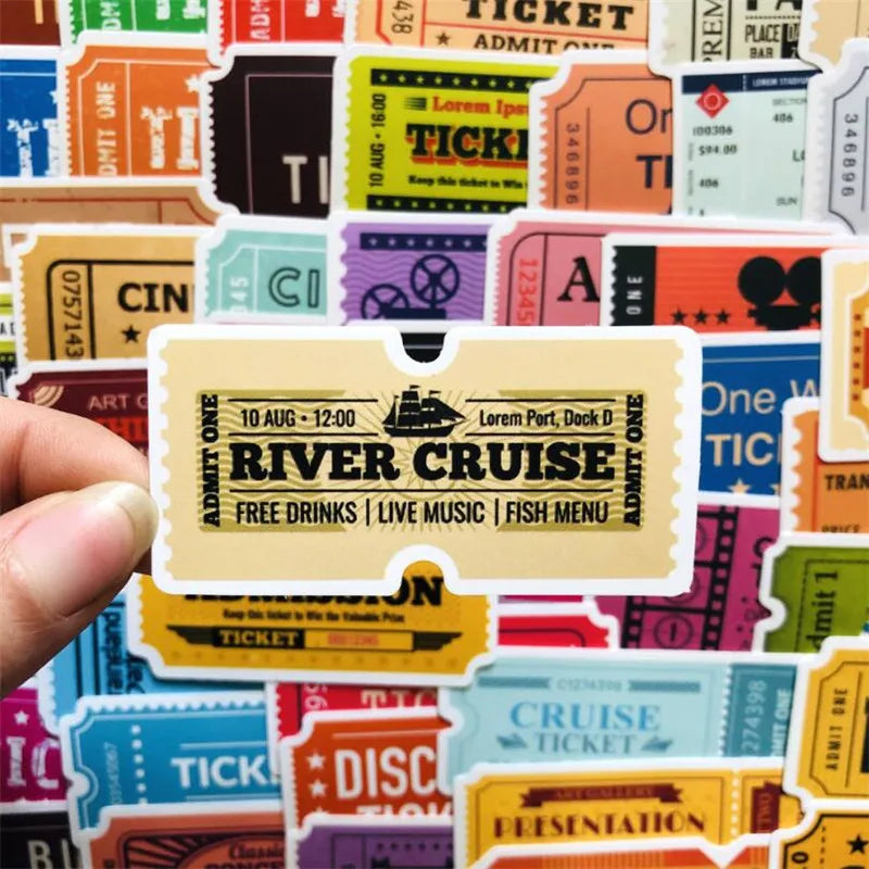50PCS Airline Boarding Pass Ticket Movie Ticket Box Retro Waterproof Helmet Skateboard Message Sticker