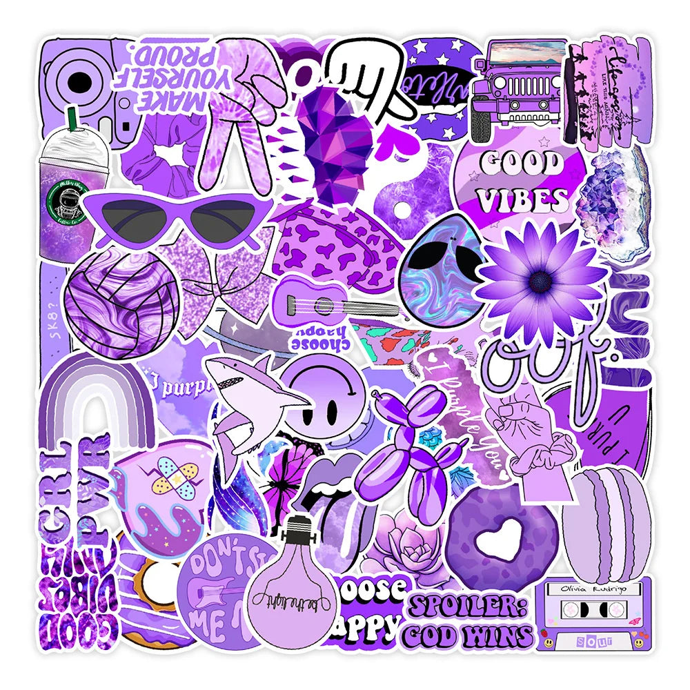 50PCS Simple New INS Style Purple Small Fresh Graffiti Stickers Creative Trend Personalized Decorative Stickers Luggage Guitar Refrigerator Computer Fashion Cute Decals