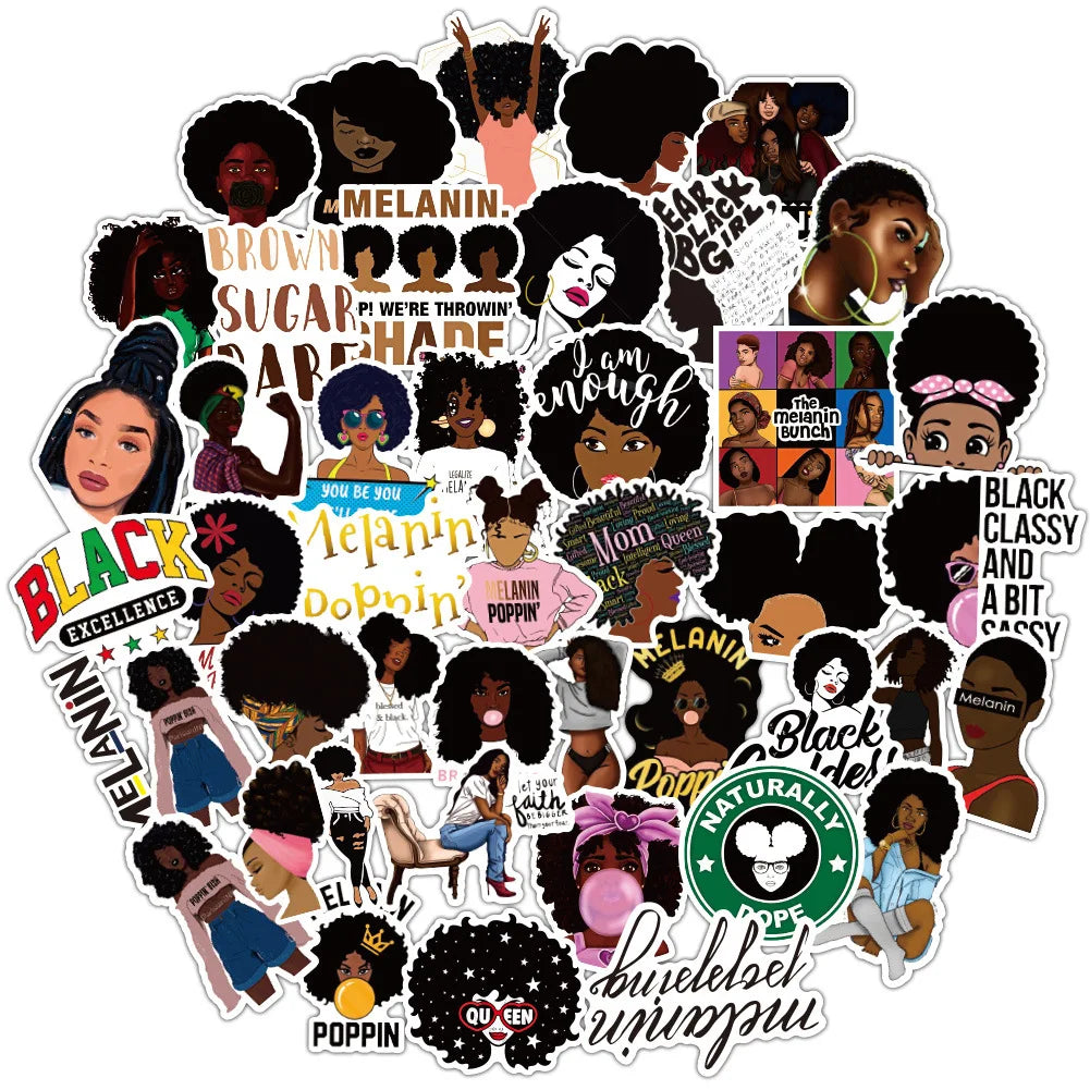 50PCS Inspirational Black Girl Melanin Poppin Sticker Graffiti Luggage Trolley Notebook Cup Interior Decoration Sticker